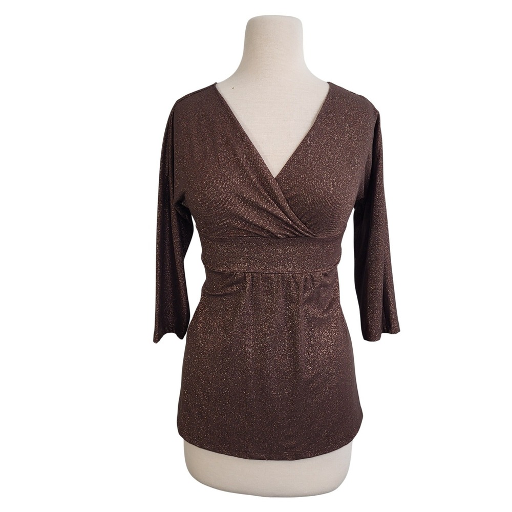 Y2K Express Brown Empire Waist V-Neck 3/4 Sleeve Shimmer Elena Gilbert Top S New